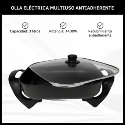 Olla Eléctrica Sartén Multiuso Cuadrada Antiadherente Dinax - Imagen 3