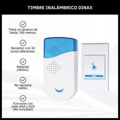 Timbre Inalámbrico Para Puerta 100 Metros 32 Melodías Dinax - Imagen 2