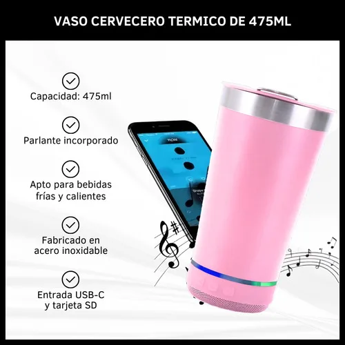 Vaso Térmico Con Parlante Bluetooth Acero Inoxidable 475 Ml - Imagen 2