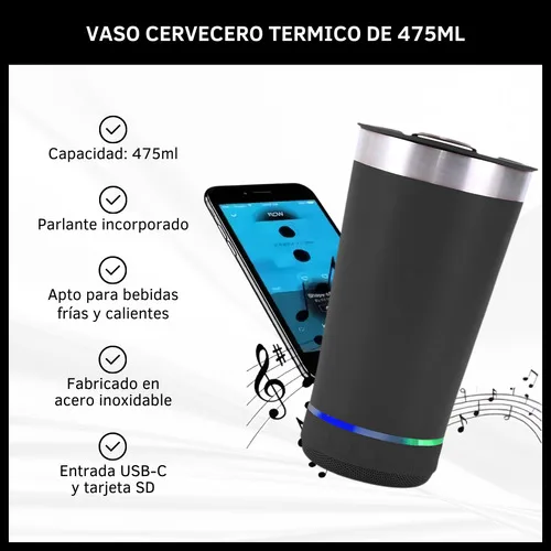 Vaso Térmico Con Parlante Bluetooth Acero Inoxidable 475 Ml - Imagen 2