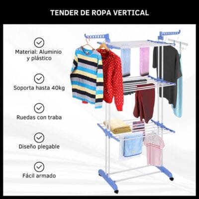 Tender 3 Niveles Tendedero Vertical Plegable Con Ruedas - Imagen 2