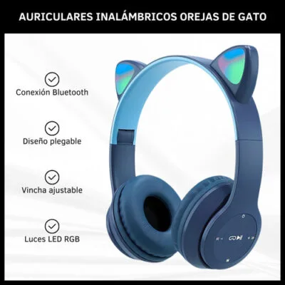 Auriculares Bluetooth Inalámbricos Orejas De Gato Luz Led Sd - Imagen 2