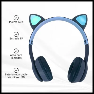 Auriculares Bluetooth Inalámbricos Orejas De Gato Luz Led Sd - Imagen 3