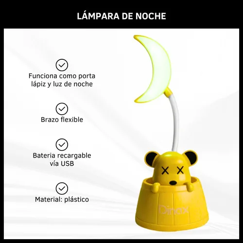 Lampara De Noche Recargable Led Portalápiz Usb Dinax Niños - Imagen 2
